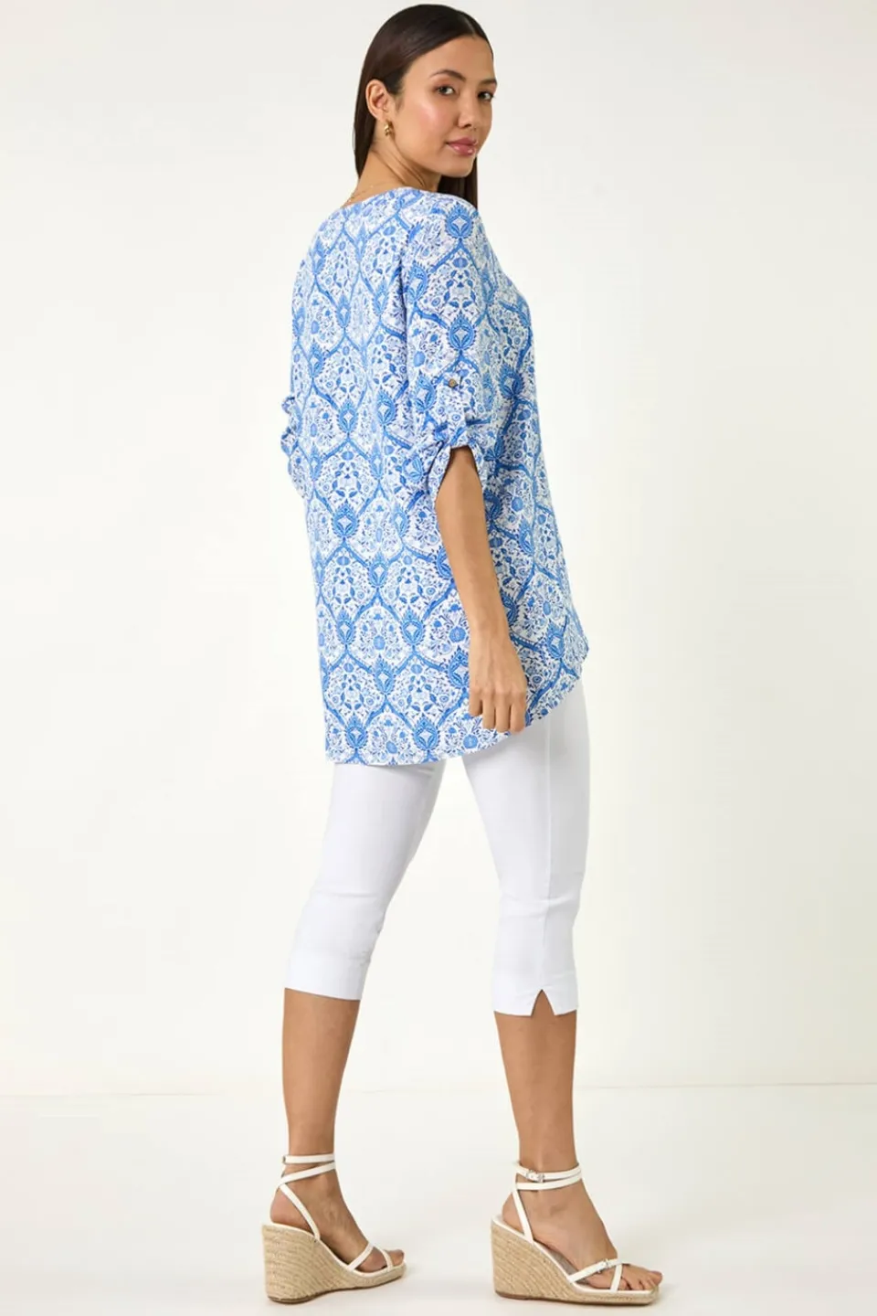 Tops>Roman Blue Floral Printed Button Detail Top