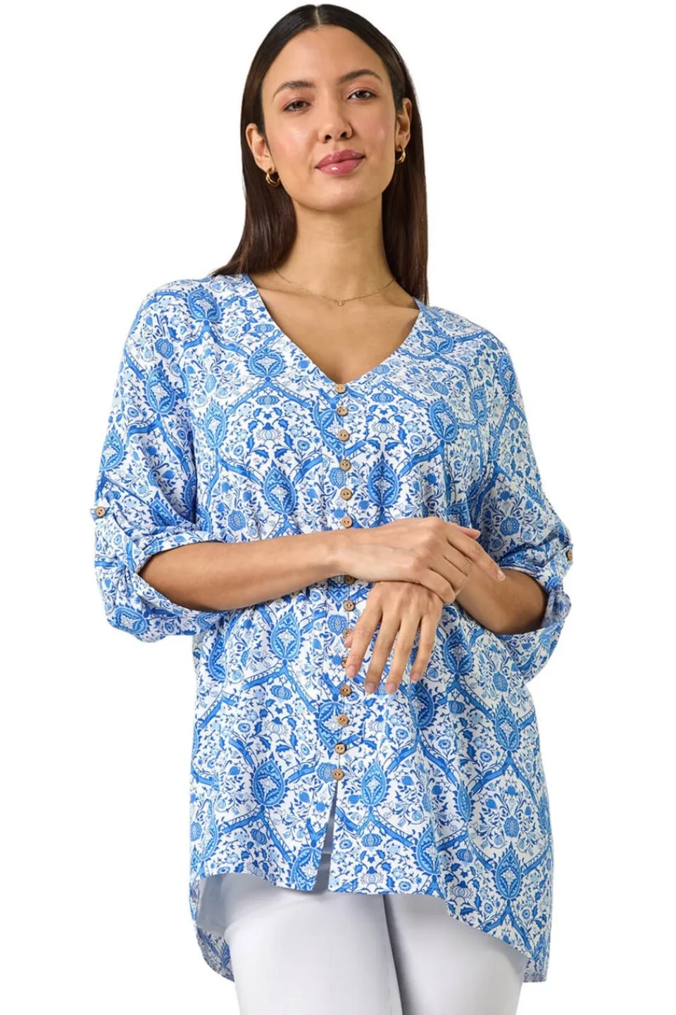 Tops>Roman Blue Floral Printed Button Detail Top