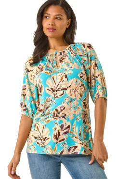 T-Shirts>Roman Blue Floral Printed Keyhole Front Stretch Top