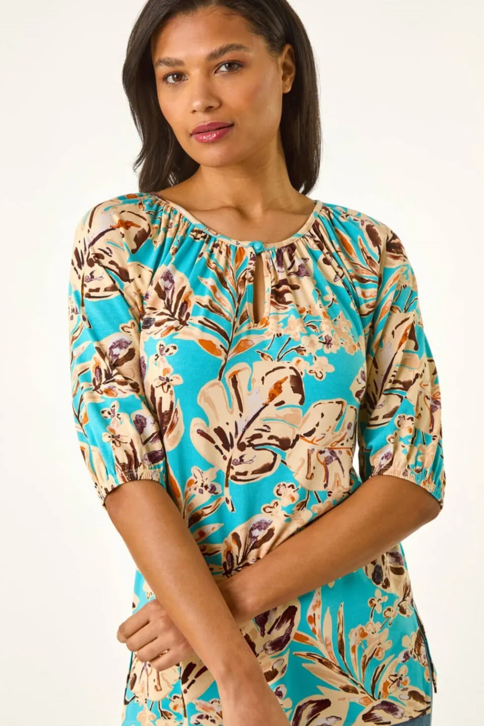 T-Shirts>Roman Blue Floral Printed Keyhole Front Stretch Top