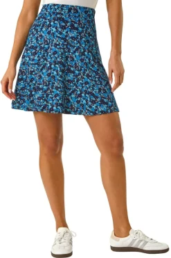Skirts>Roman Blue Floral Stretch Skater Skirt