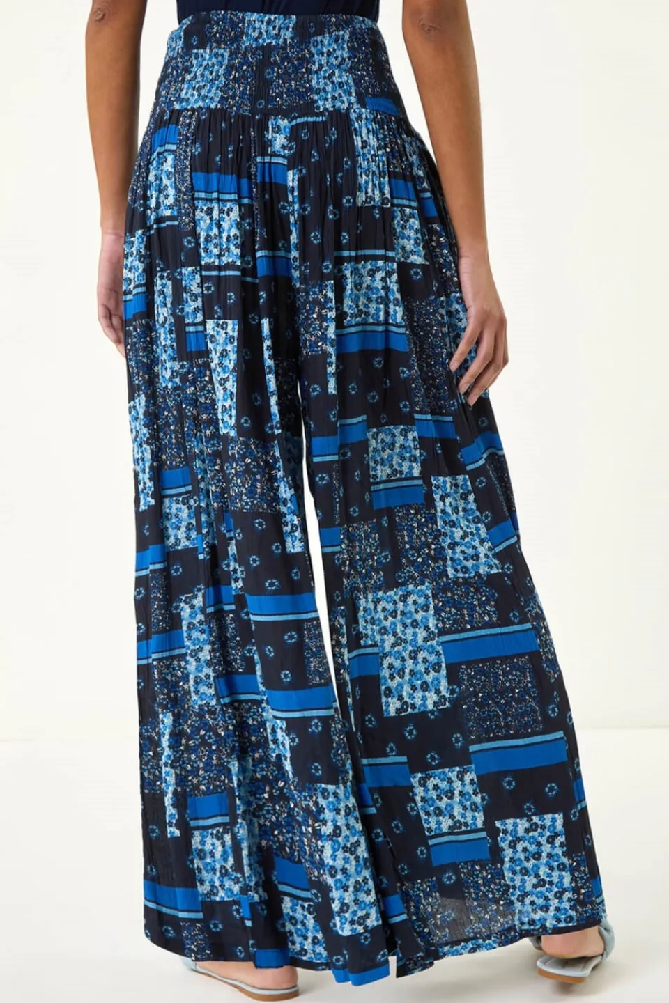 Trousers>Roman Blue Floral Tile Print Palazzo Wide Leg Trouser