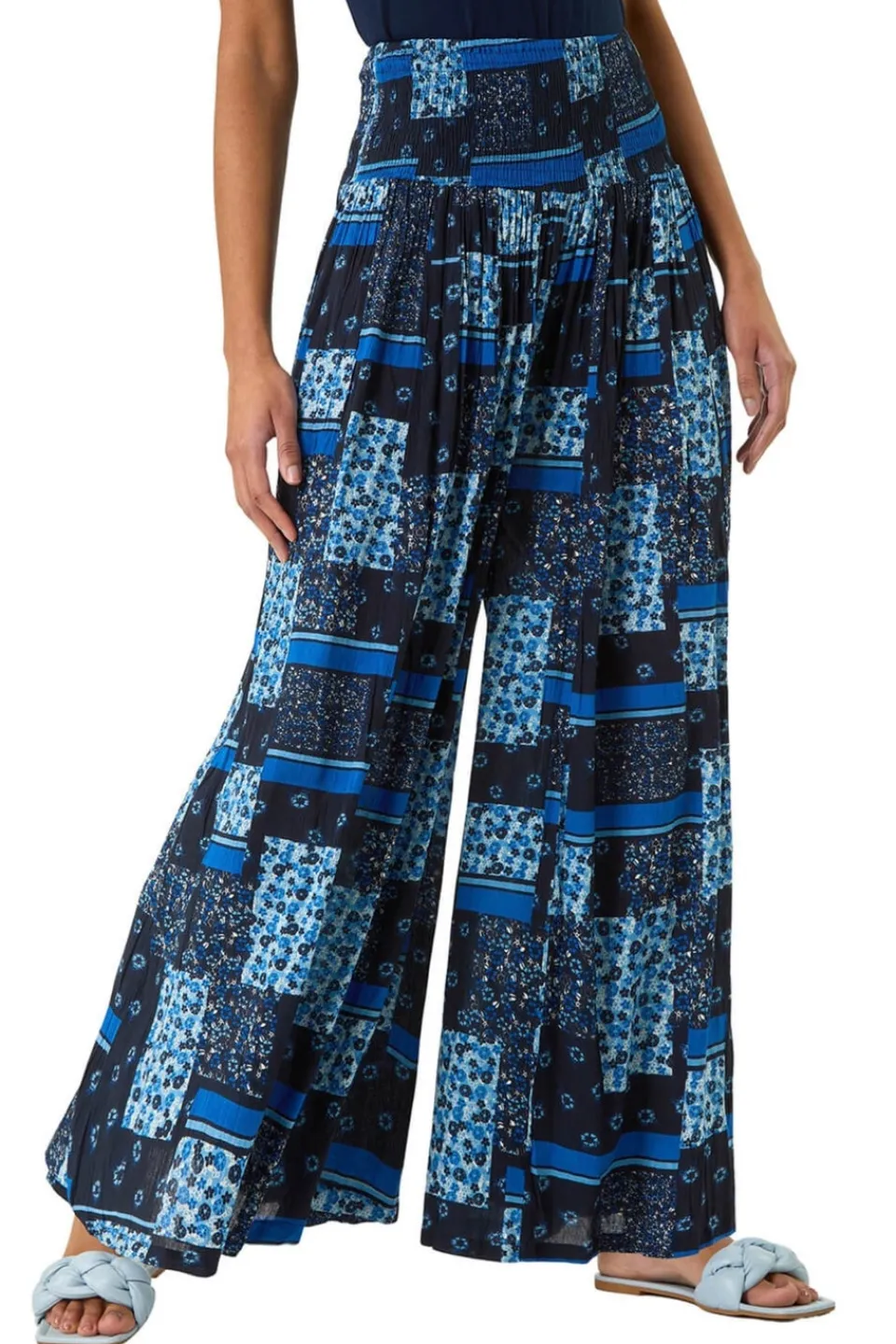 Trousers>Roman Blue Floral Tile Print Palazzo Wide Leg Trouser
