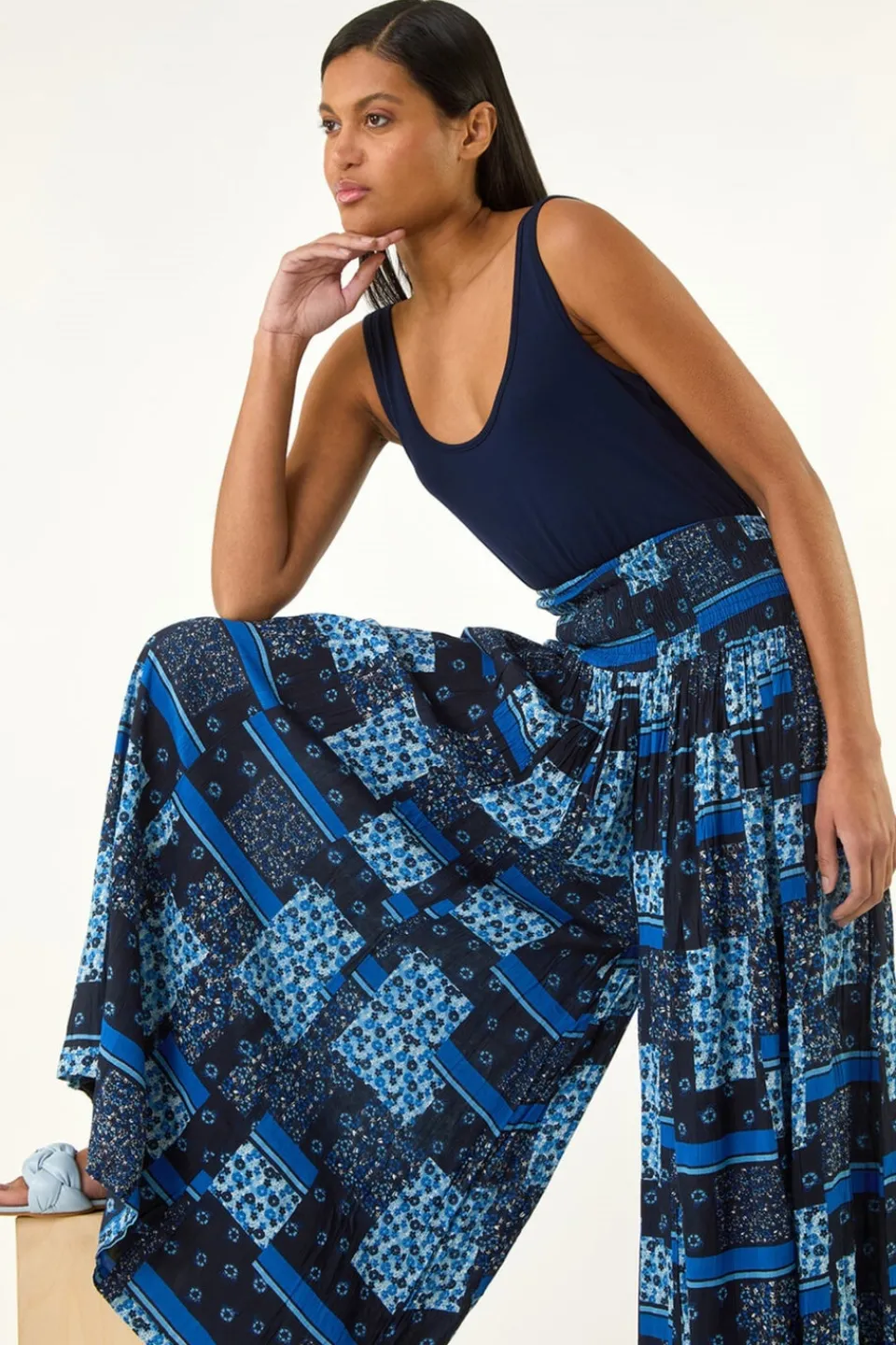 Trousers>Roman Blue Floral Tile Print Palazzo Wide Leg Trouser