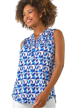 Tops>Roman Blue Geometric Gathered Vest Top
