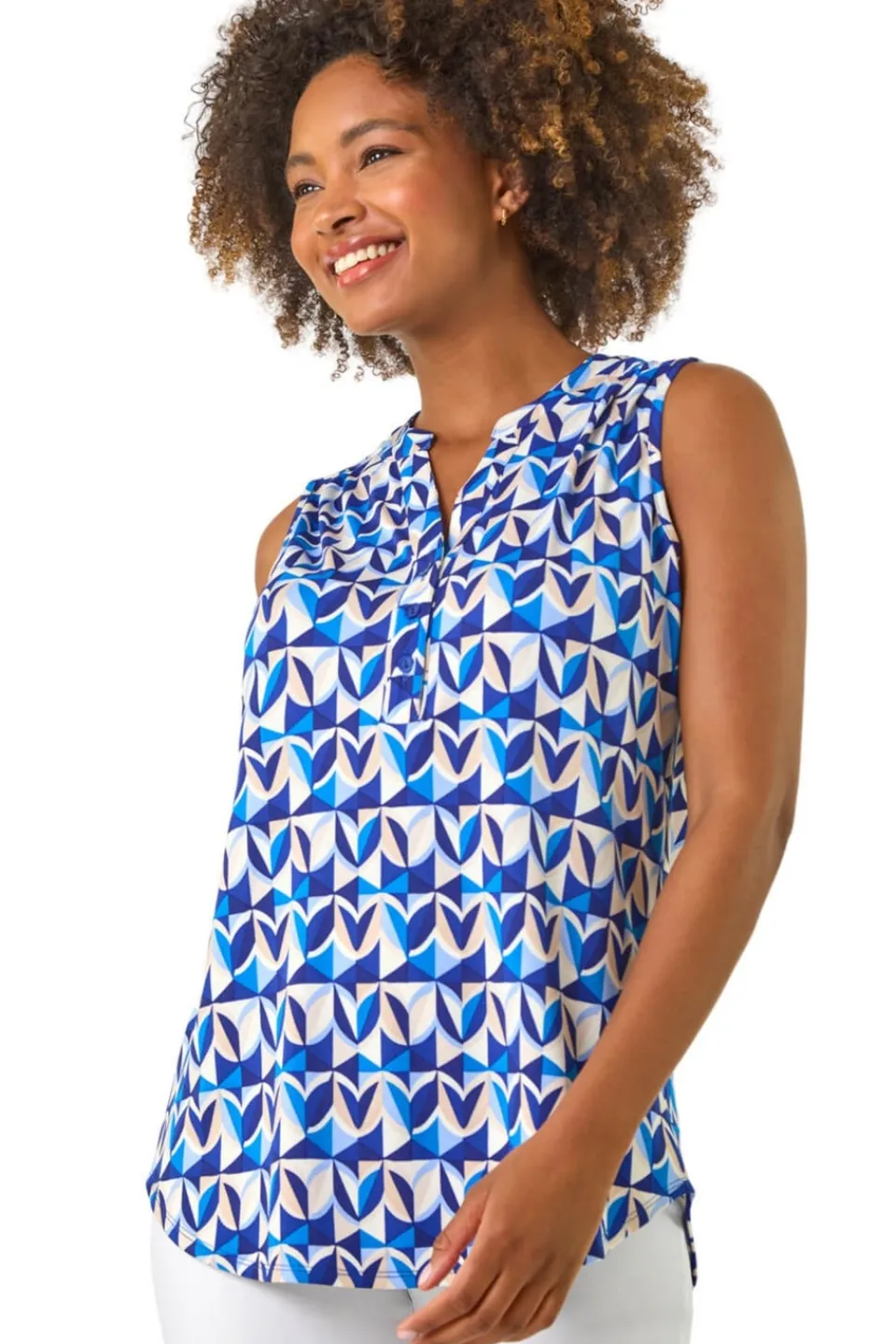 Tops>Roman Blue Geometric Gathered Vest Top