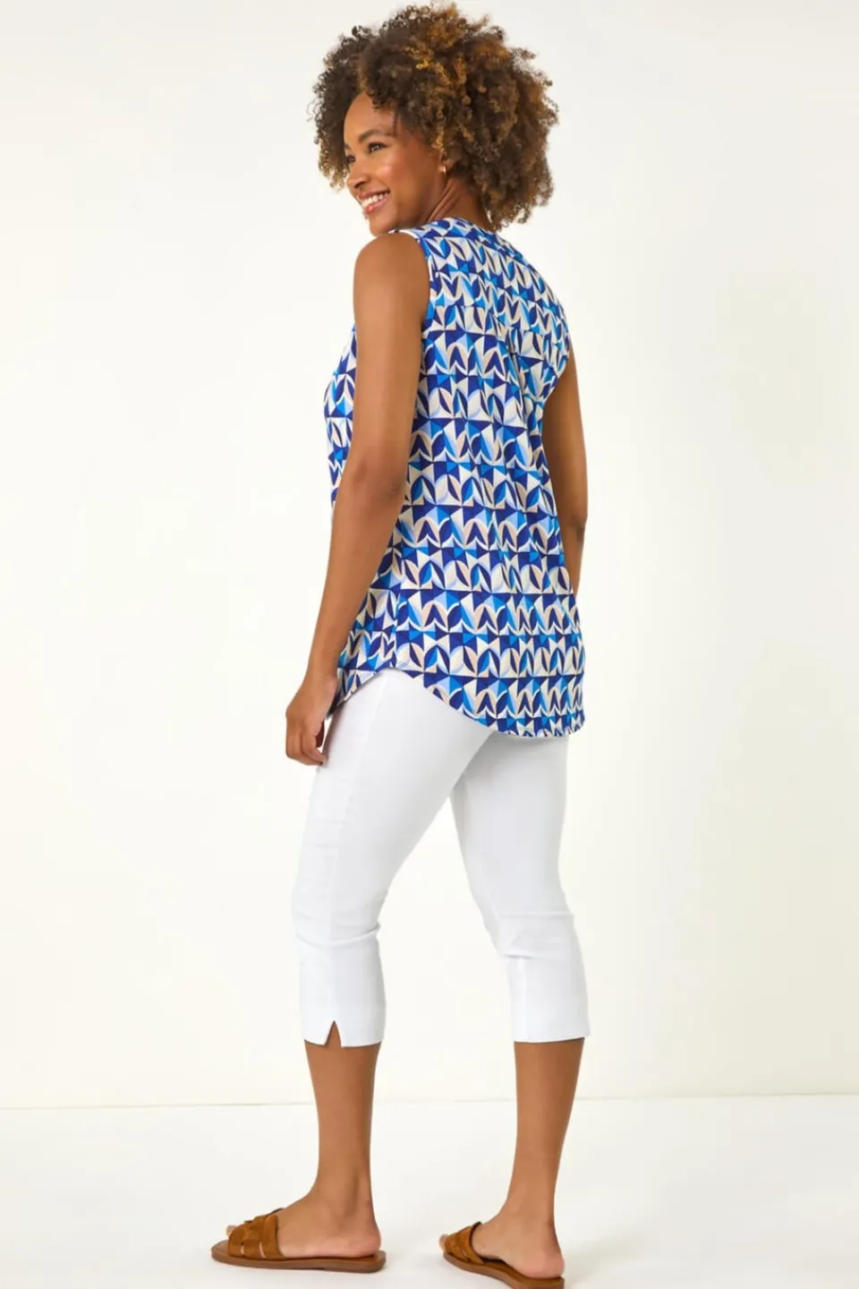 Tops>Roman Blue Geometric Gathered Vest Top
