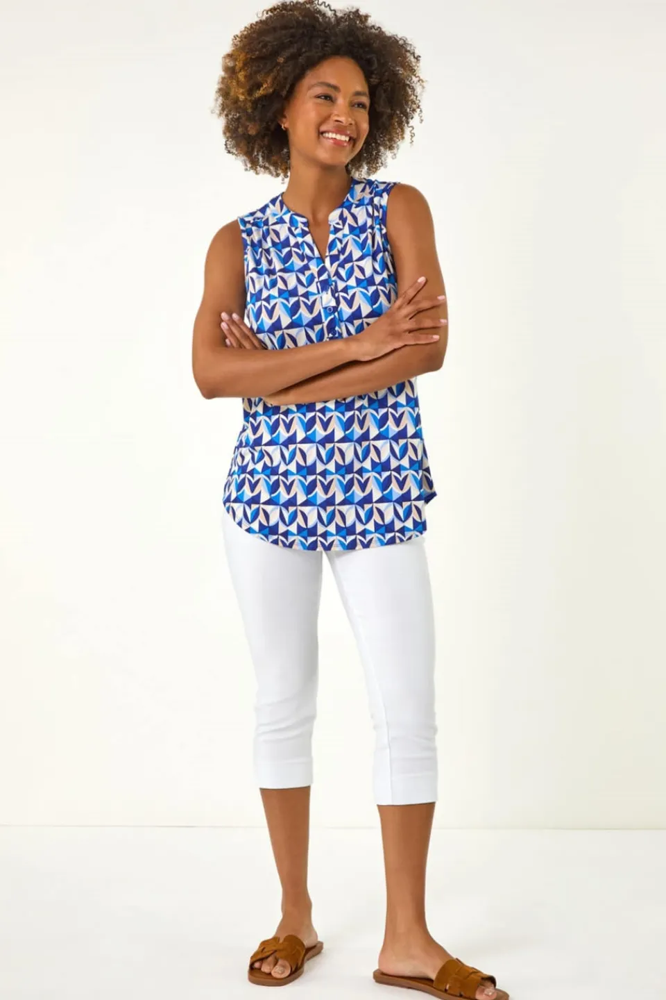 Tops>Roman Blue Geometric Gathered Vest Top