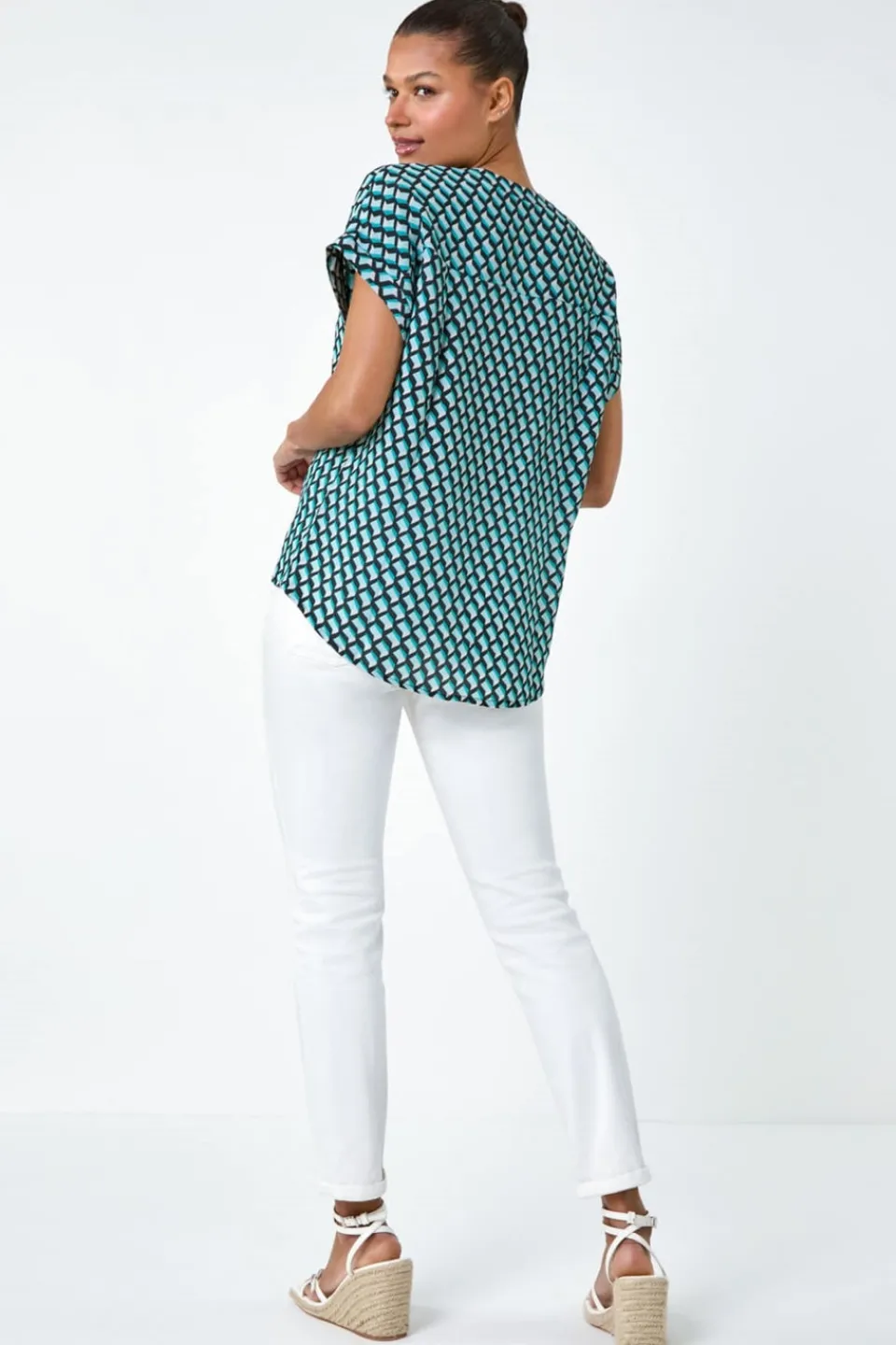 Blouses & Shirts>Roman Blue Geometric Print Relaxed Shirt