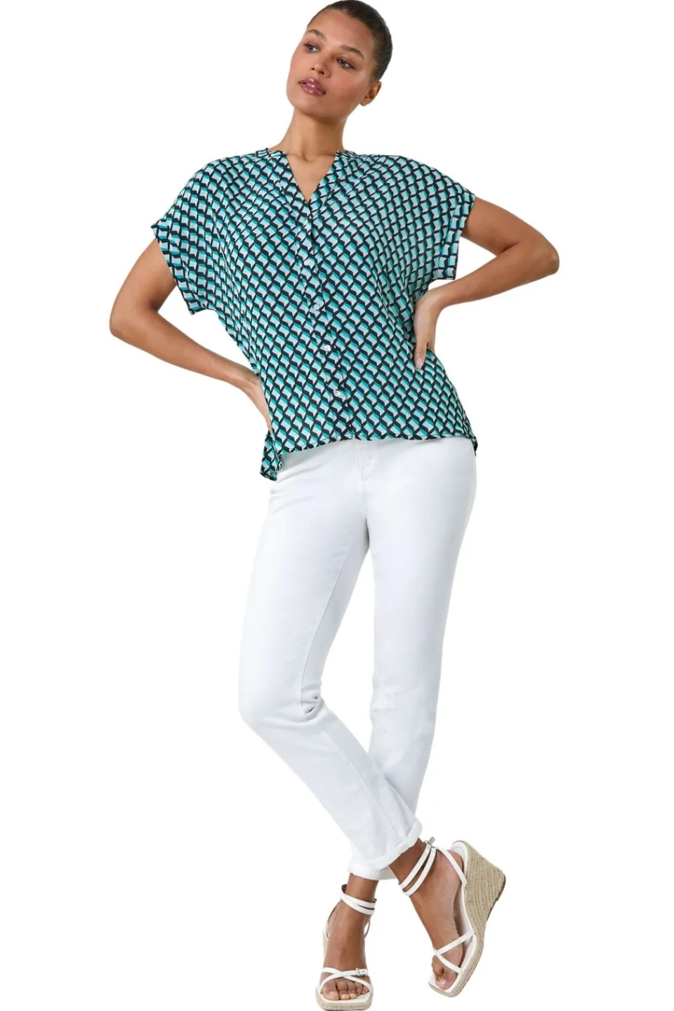 Blouses & Shirts>Roman Blue Geometric Print Relaxed Shirt