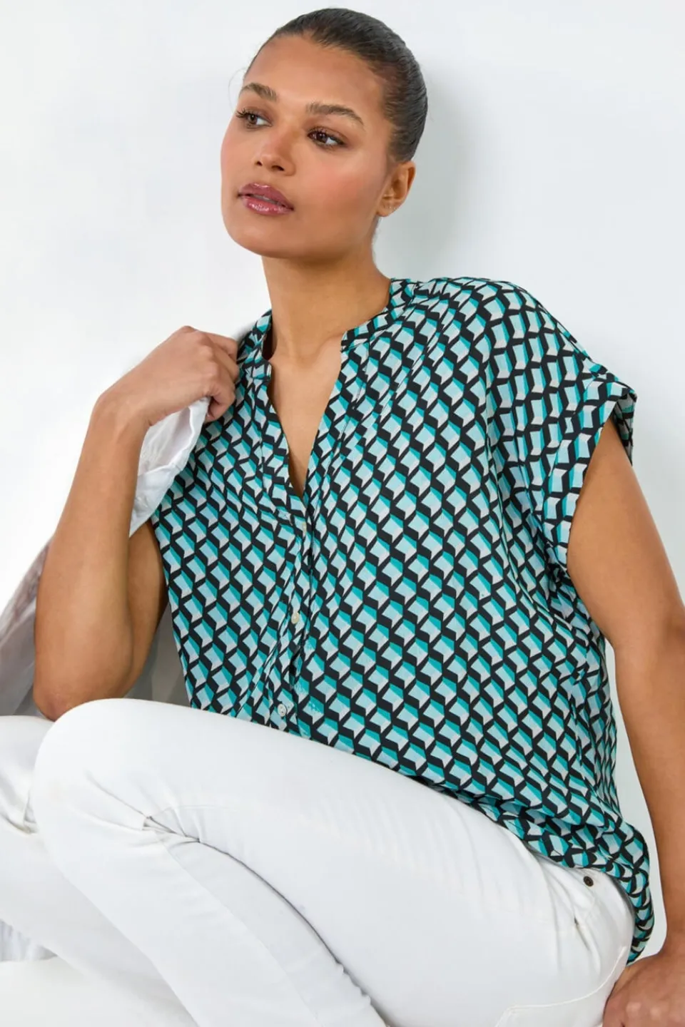Blouses & Shirts>Roman Blue Geometric Print Relaxed Shirt