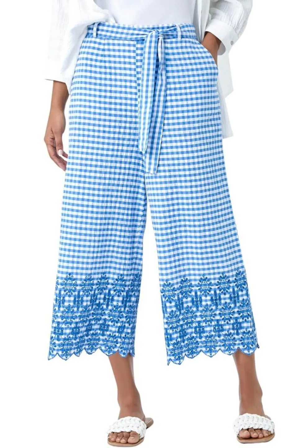 Trousers>Roman Blue Gingham Cotton Broderie Cropped Trousers