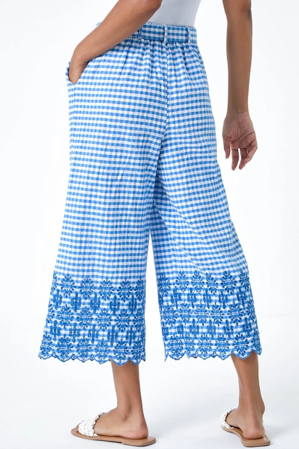 Trousers>Roman Blue Gingham Cotton Broderie Cropped Trousers