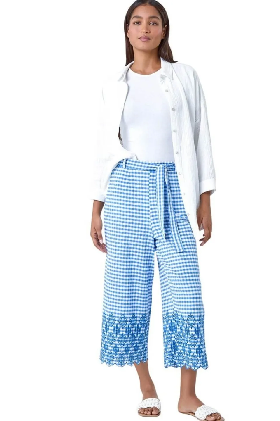 Trousers>Roman Blue Gingham Cotton Broderie Cropped Trousers
