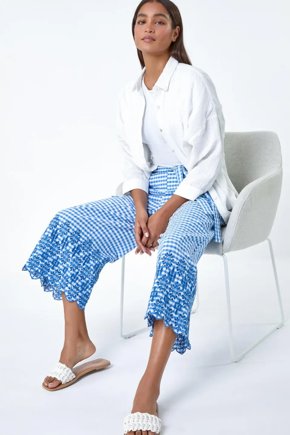 Trousers>Roman Blue Gingham Cotton Broderie Cropped Trousers