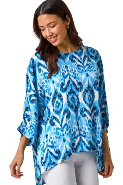 Tops>Roman Blue Ikat Print Tunic Top