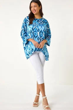 Tops>Roman Blue Ikat Print Tunic Top