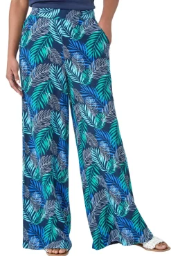 Trousers>Roman Blue Leaf Linen Blend Wide Leg Trousers