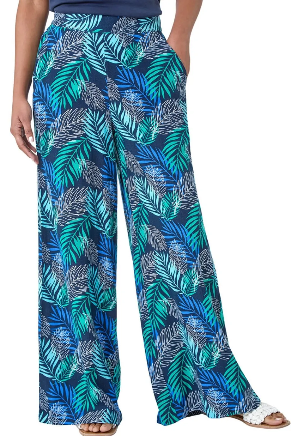 Trousers>Roman Blue Leaf Linen Blend Wide Leg Trousers