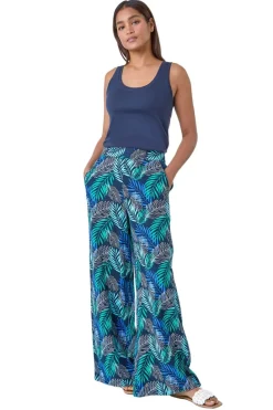 Trousers>Roman Blue Leaf Linen Blend Wide Leg Trousers