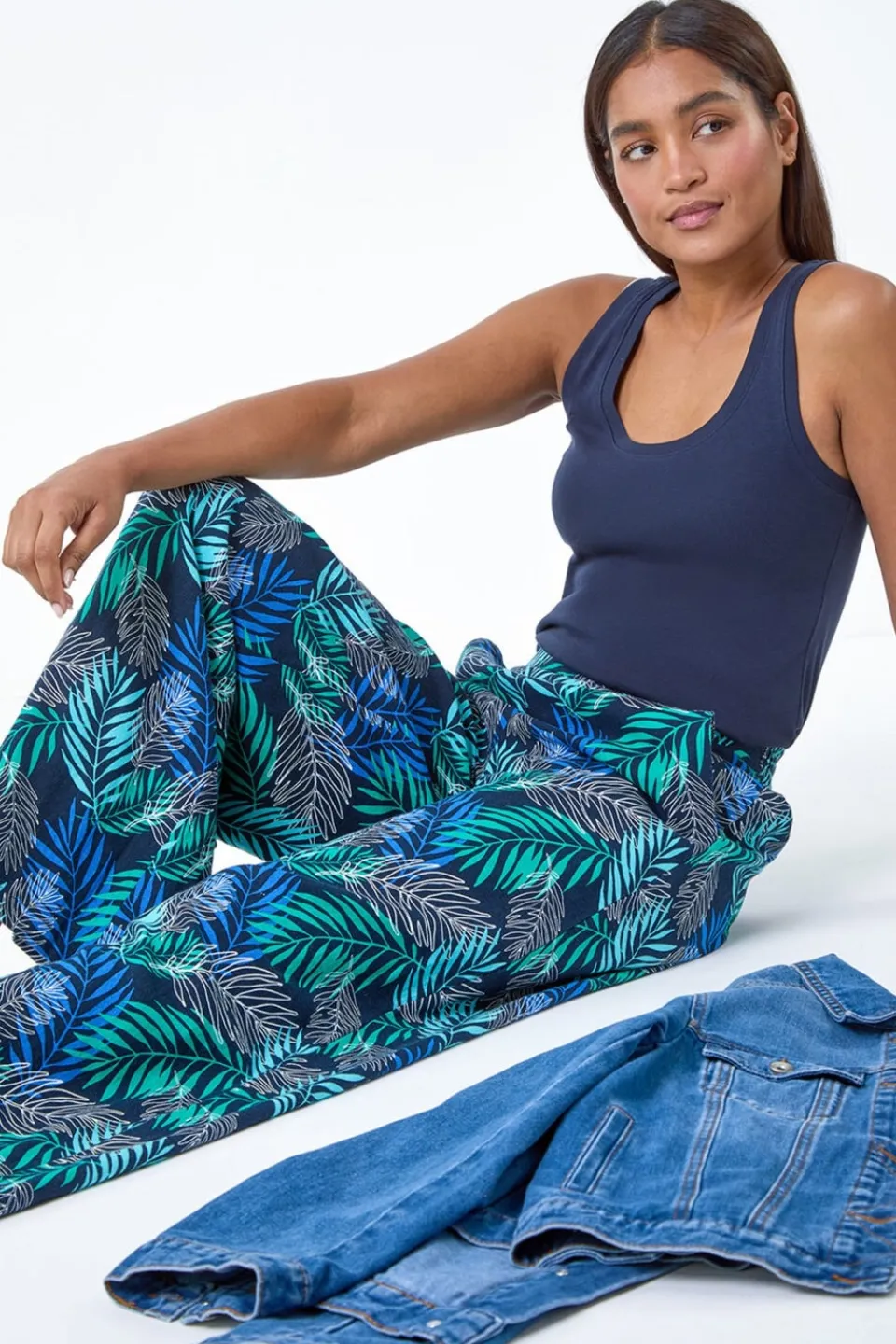 Trousers>Roman Blue Leaf Linen Blend Wide Leg Trousers