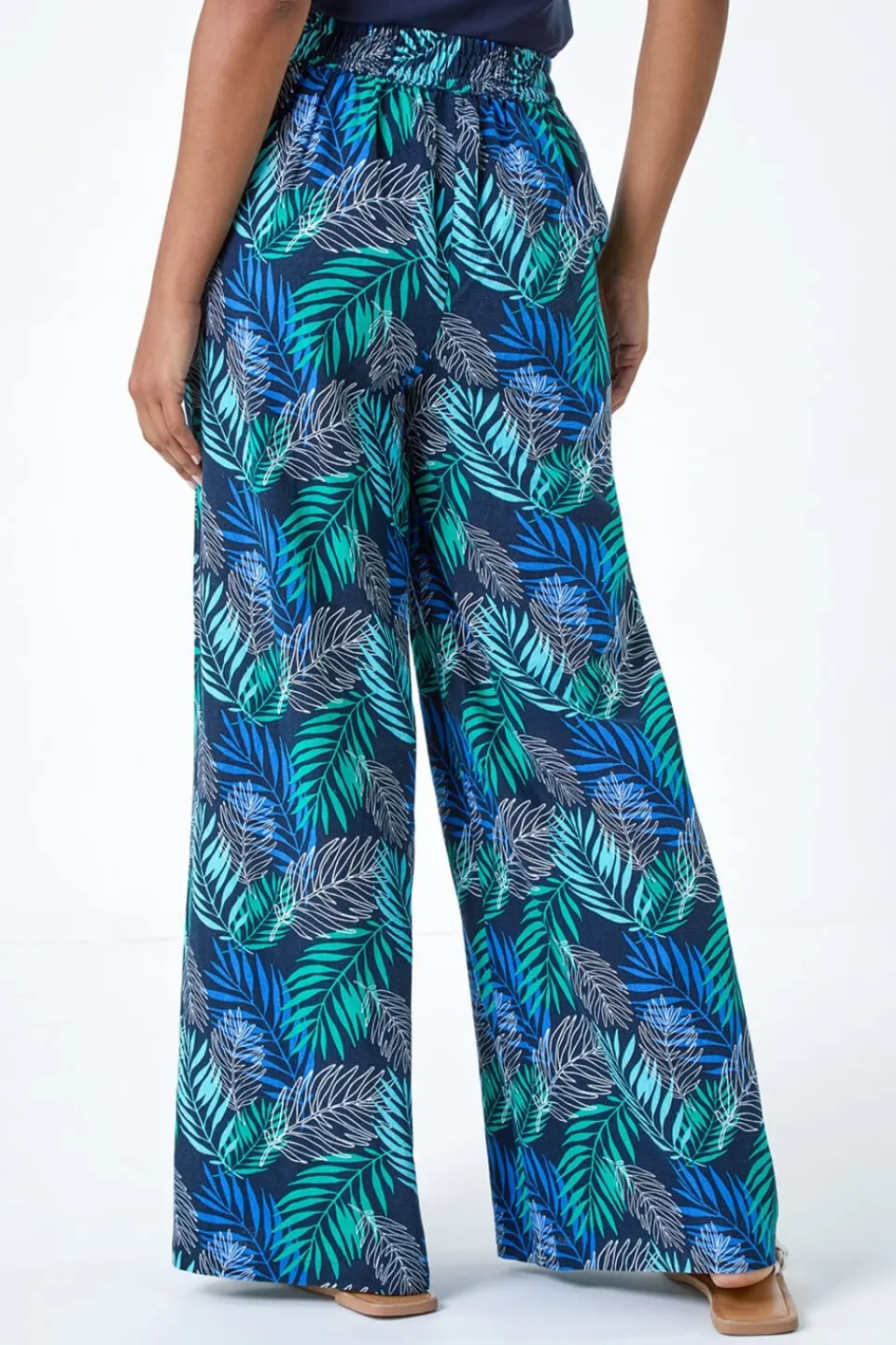 Trousers>Roman Blue Leaf Linen Blend Wide Leg Trousers