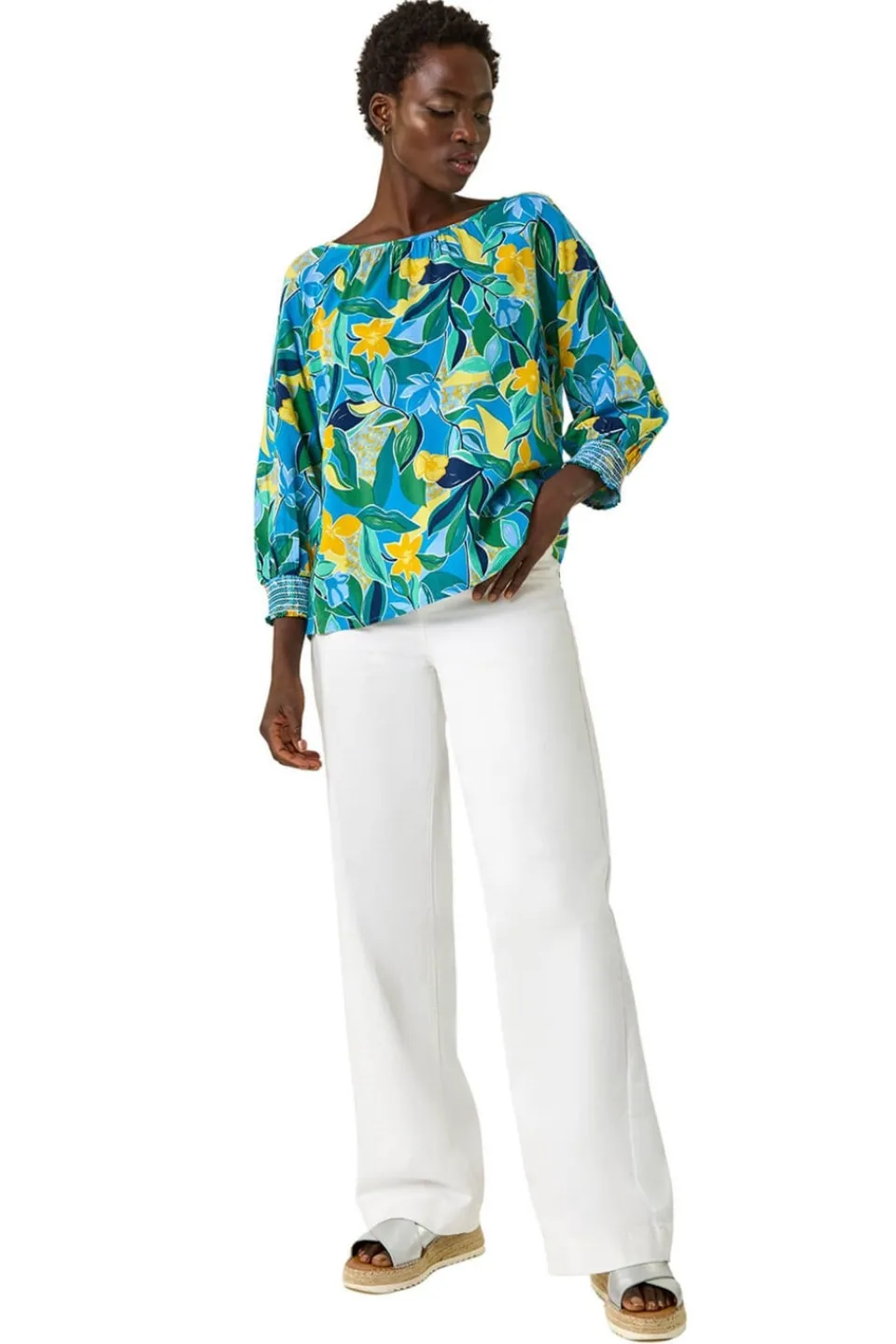 Tops>Roman Blue Leaf Print 3/4 Sleeve Top