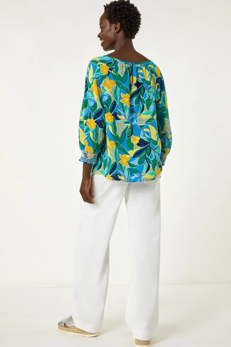 Tops>Roman Blue Leaf Print 3/4 Sleeve Top