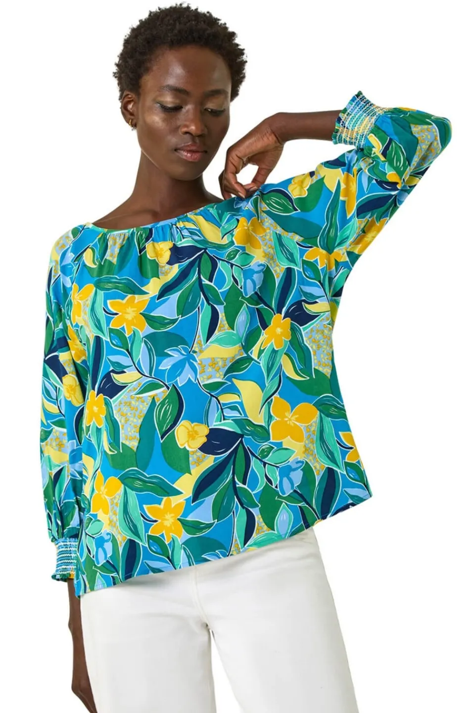 Tops>Roman Blue Leaf Print 3/4 Sleeve Top
