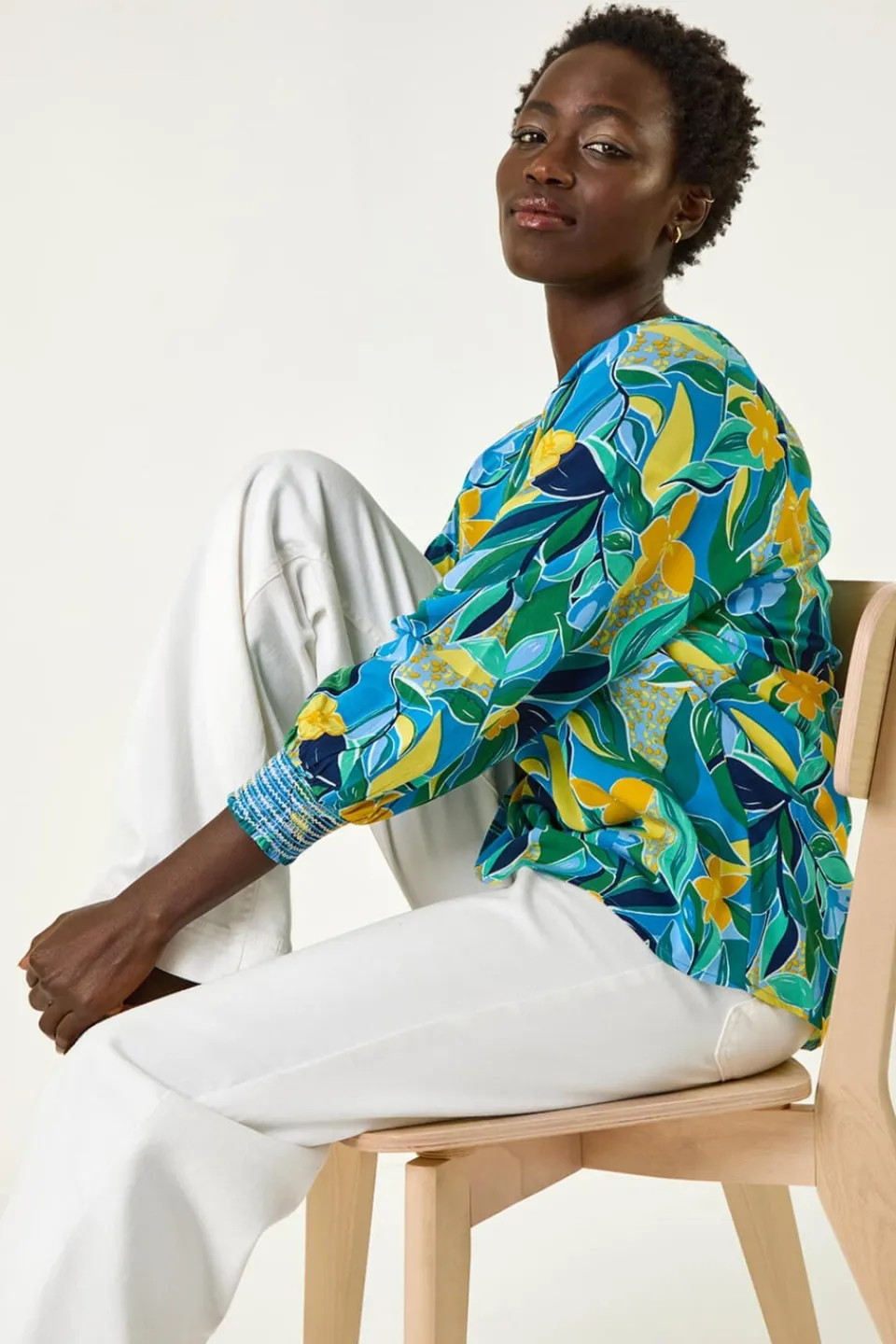 Tops>Roman Blue Leaf Print 3/4 Sleeve Top