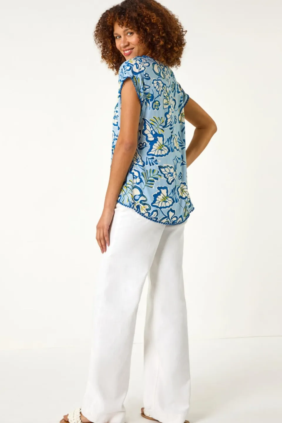 T-Shirts>Roman Blue Leaf Print Bobble Trim Tee