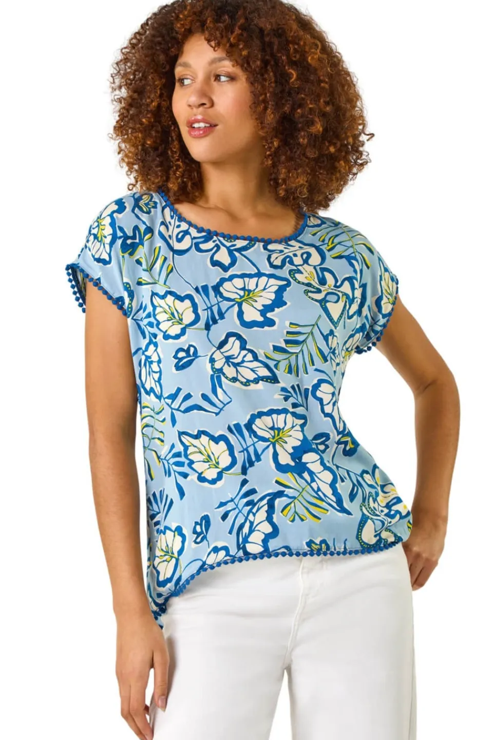 T-Shirts>Roman Blue Leaf Print Bobble Trim Tee