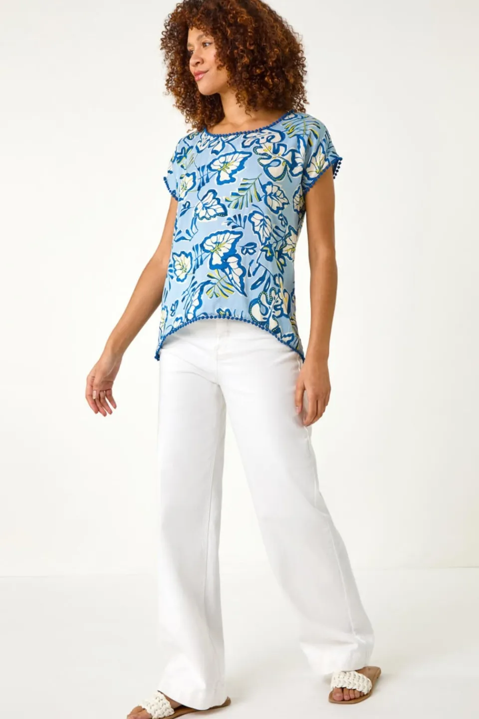 T-Shirts>Roman Blue Leaf Print Bobble Trim Tee