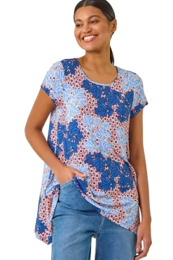 Tops>Roman Blue Leaf Print Hanky Hem Tunic Top
