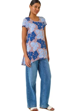 Tops>Roman Blue Leaf Print Hanky Hem Tunic Top