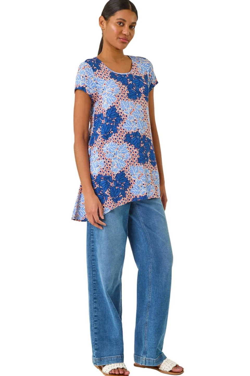 Tops>Roman Blue Leaf Print Hanky Hem Tunic Top