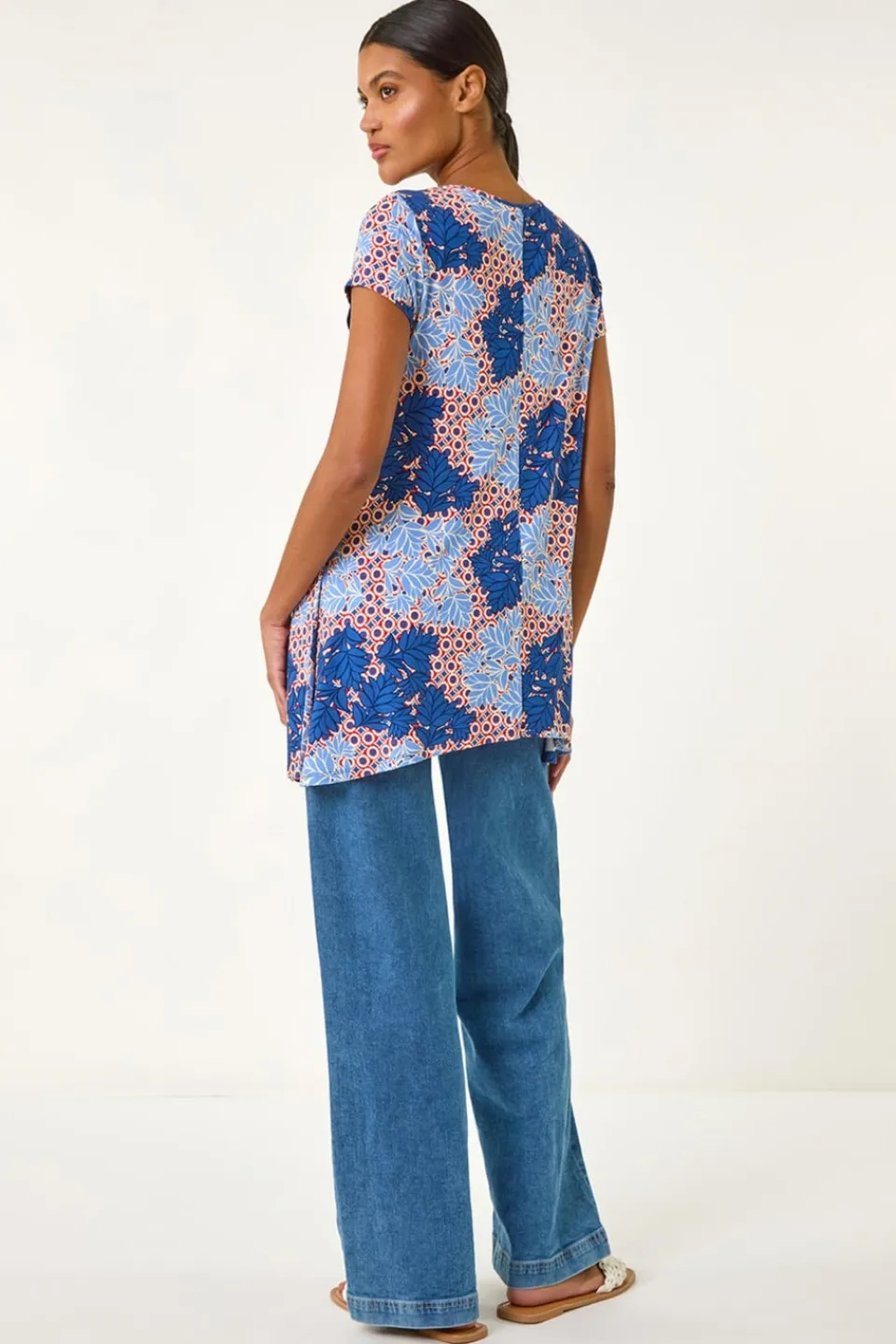 Tops>Roman Blue Leaf Print Hanky Hem Tunic Top