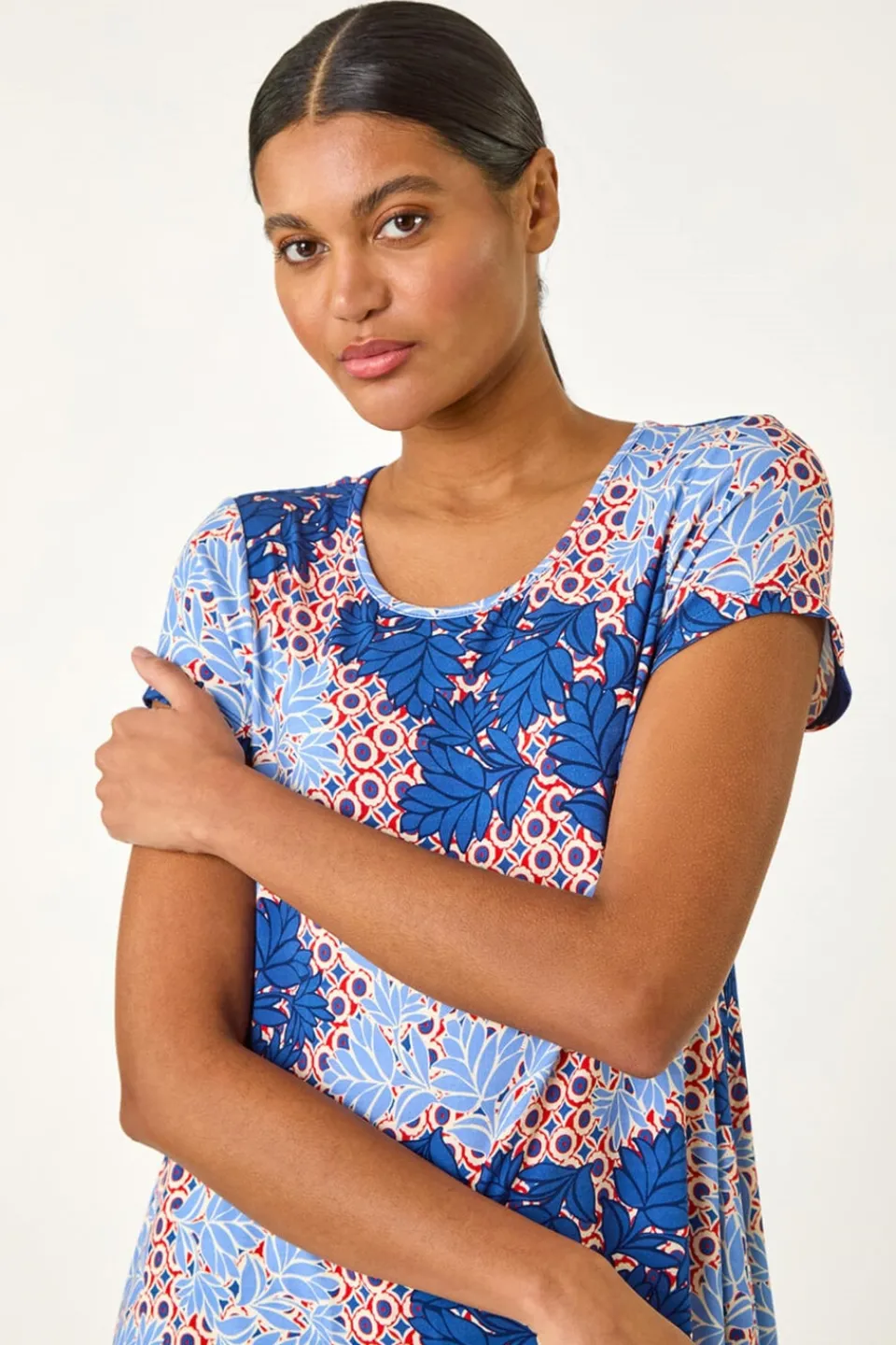 Tops>Roman Blue Leaf Print Hanky Hem Tunic Top