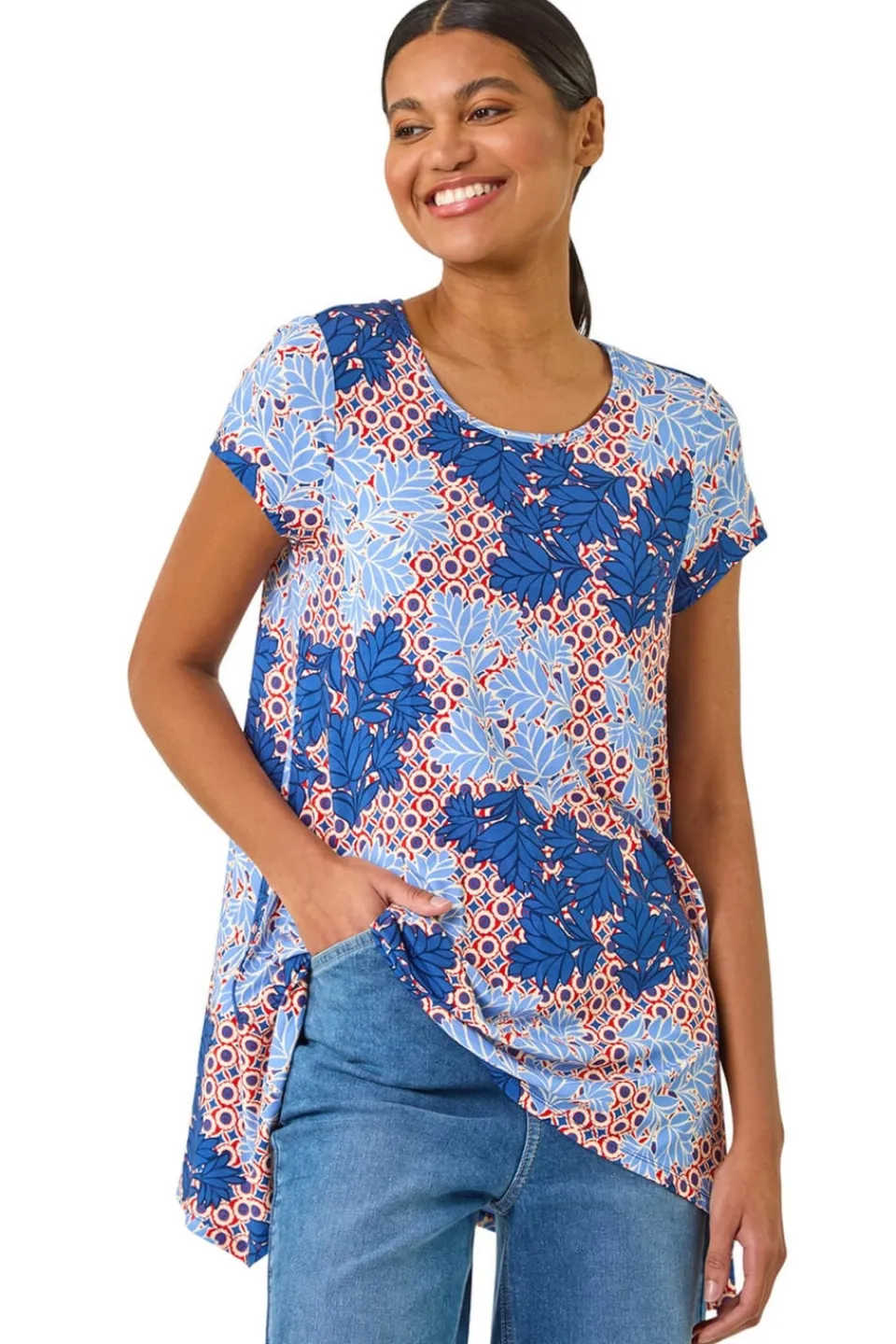Tops>Roman Blue Leaf Print Hanky Hem Tunic Top