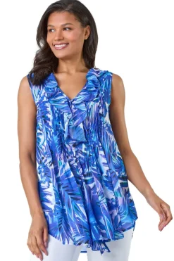 Tops>Roman Blue Leaf Print Ruffle Front Buttoned Blouse