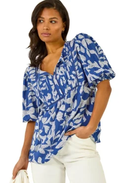 Tops>Roman Blue Leaf Print Tie Neck Pleated Top