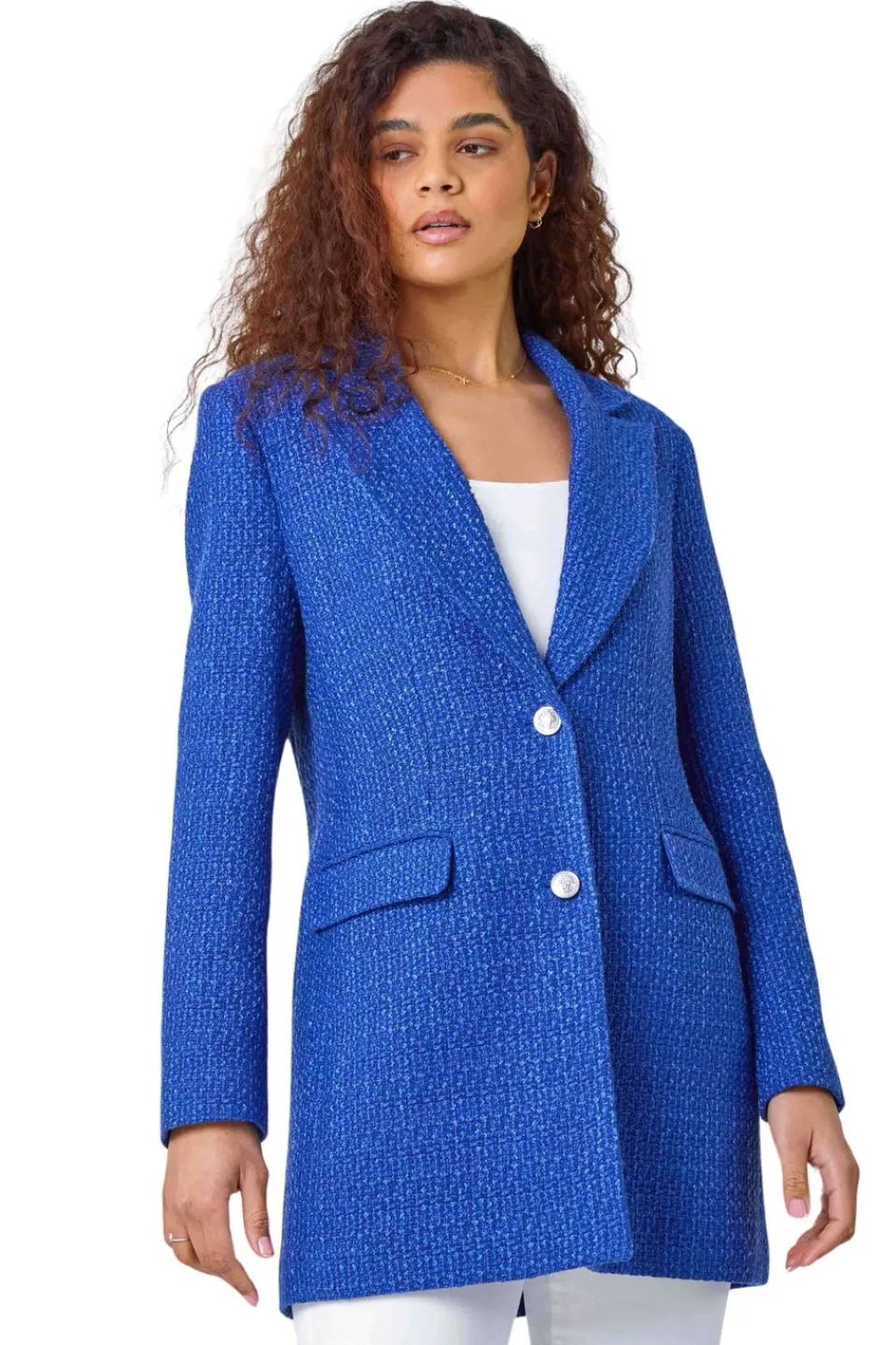 Coats & Jackets>Roman Blue Longline Boucle Textured Jacket