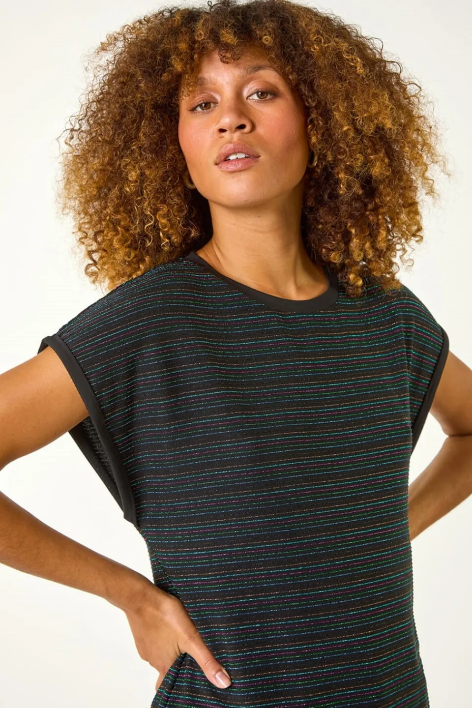 T-Shirts>Roman Blue Metallic Stripe Stretch T-Shirt