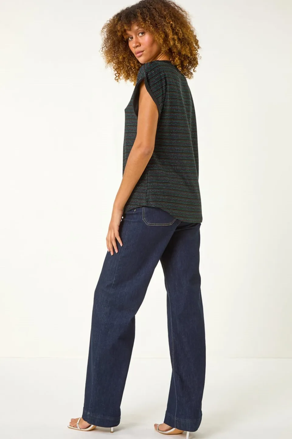 T-Shirts>Roman Blue Metallic Stripe Stretch T-Shirt
