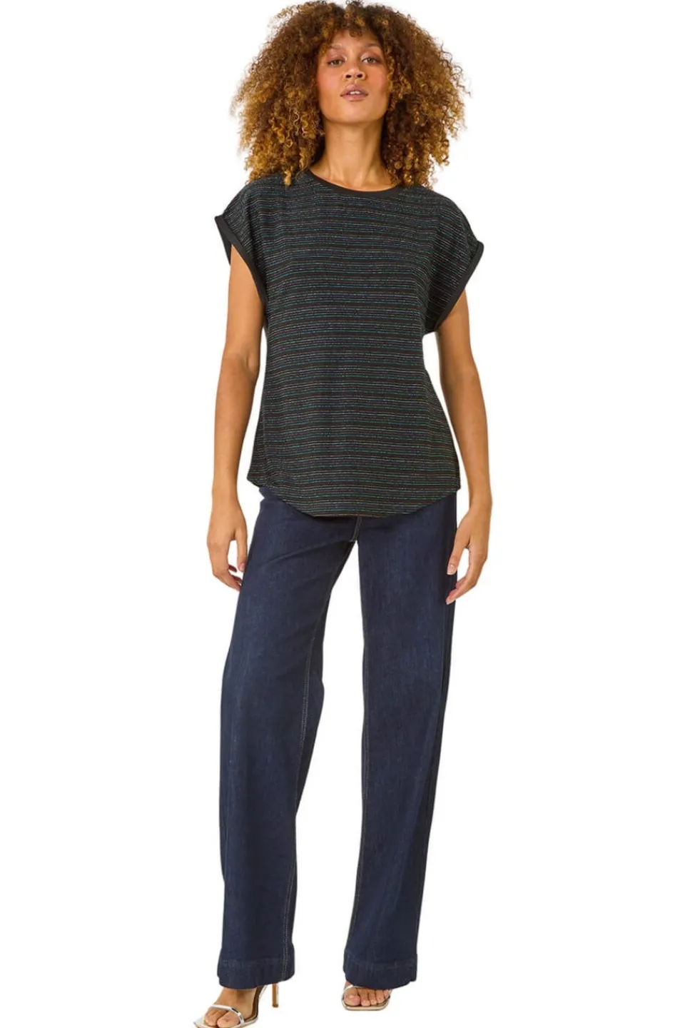 T-Shirts>Roman Blue Metallic Stripe Stretch T-Shirt