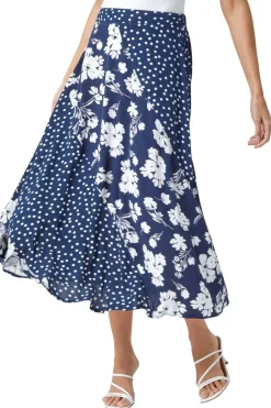 Skirts>Roman Blue Mixed Floral Spot Print A Line Midi Skirt