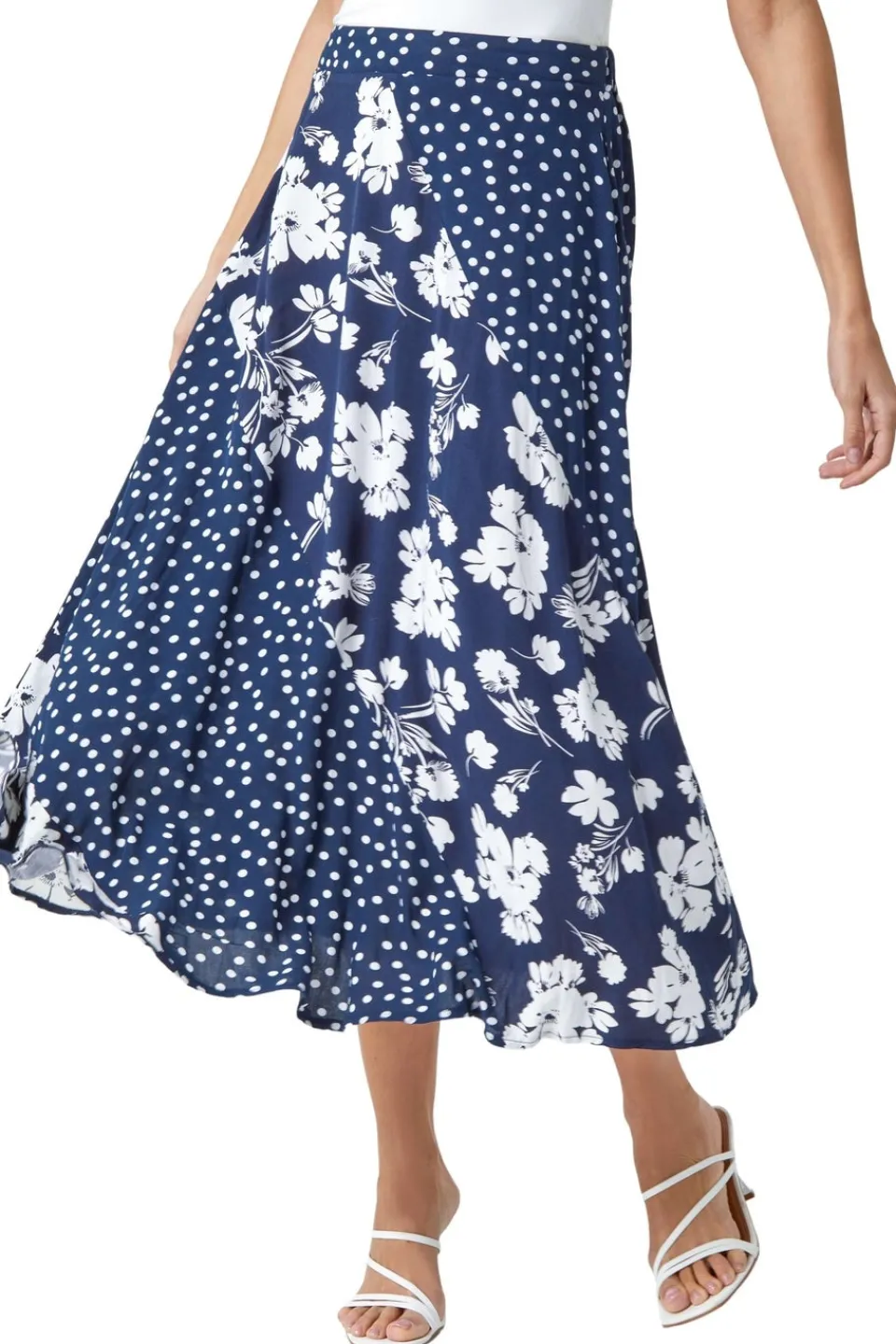 Skirts>Roman Blue Mixed Floral Spot Print A Line Midi Skirt
