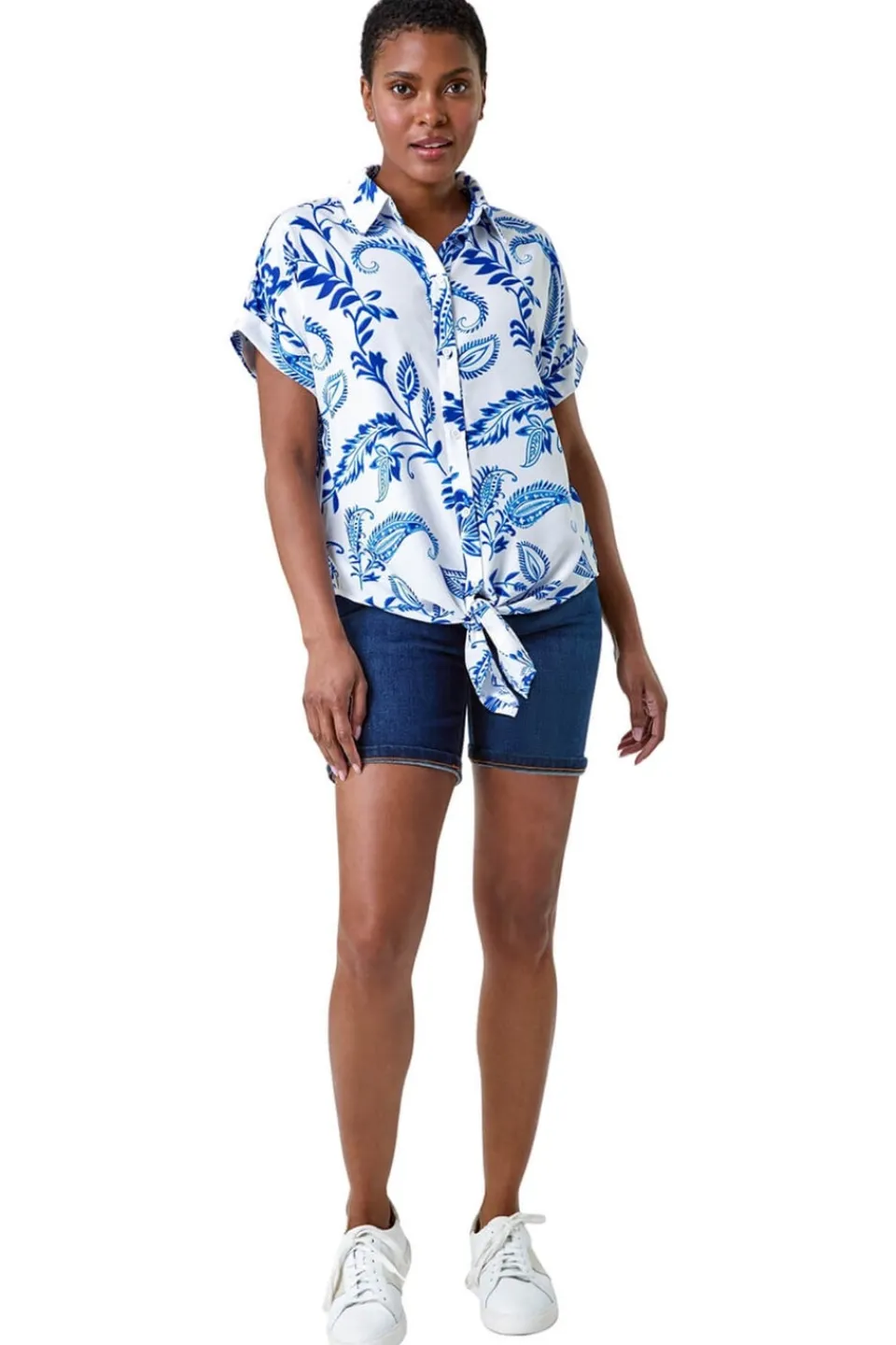 Blouses & Shirts>Roman Blue Paisley Leaf Print Tie Front Top