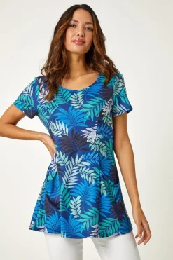 T-Shirts>Roman Blue Palm Print Pocket Stretch Tunic Top