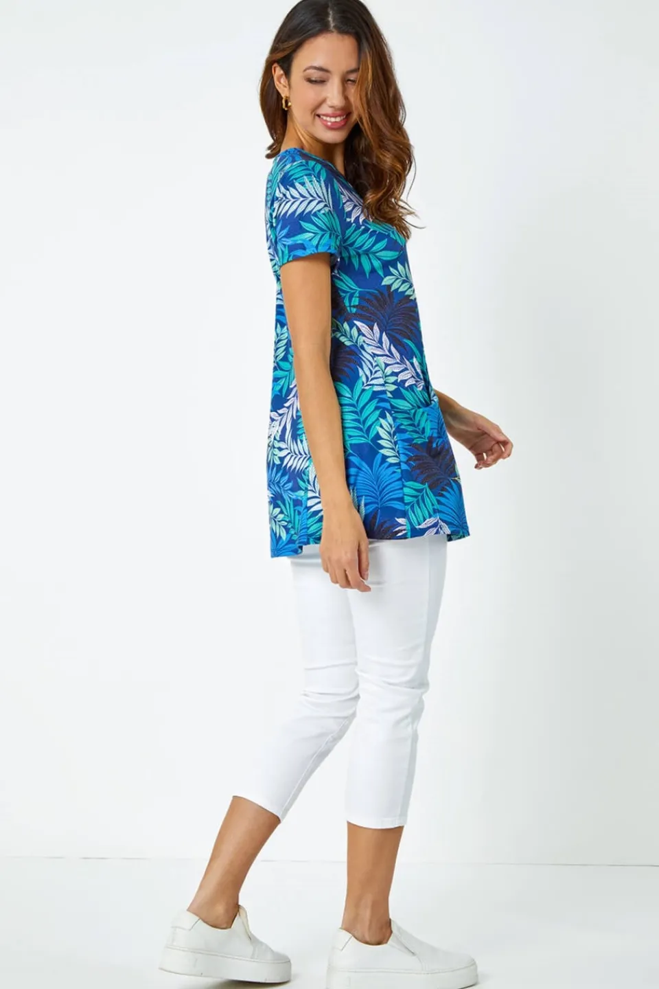 T-Shirts>Roman Blue Palm Print Pocket Stretch Tunic Top